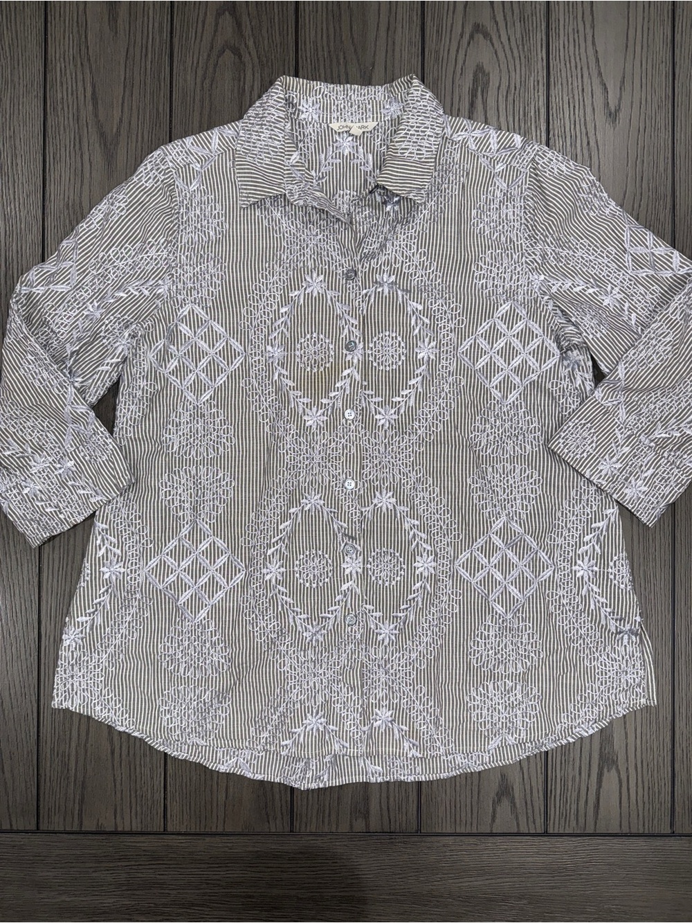John Mark Embroidered Button Front Shirt Blouse Size L Pinstripes Boho Eclectic